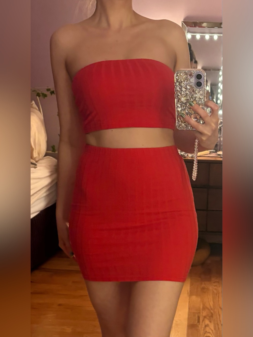 Cherry Red Two Piece Bodycon Skirt Set